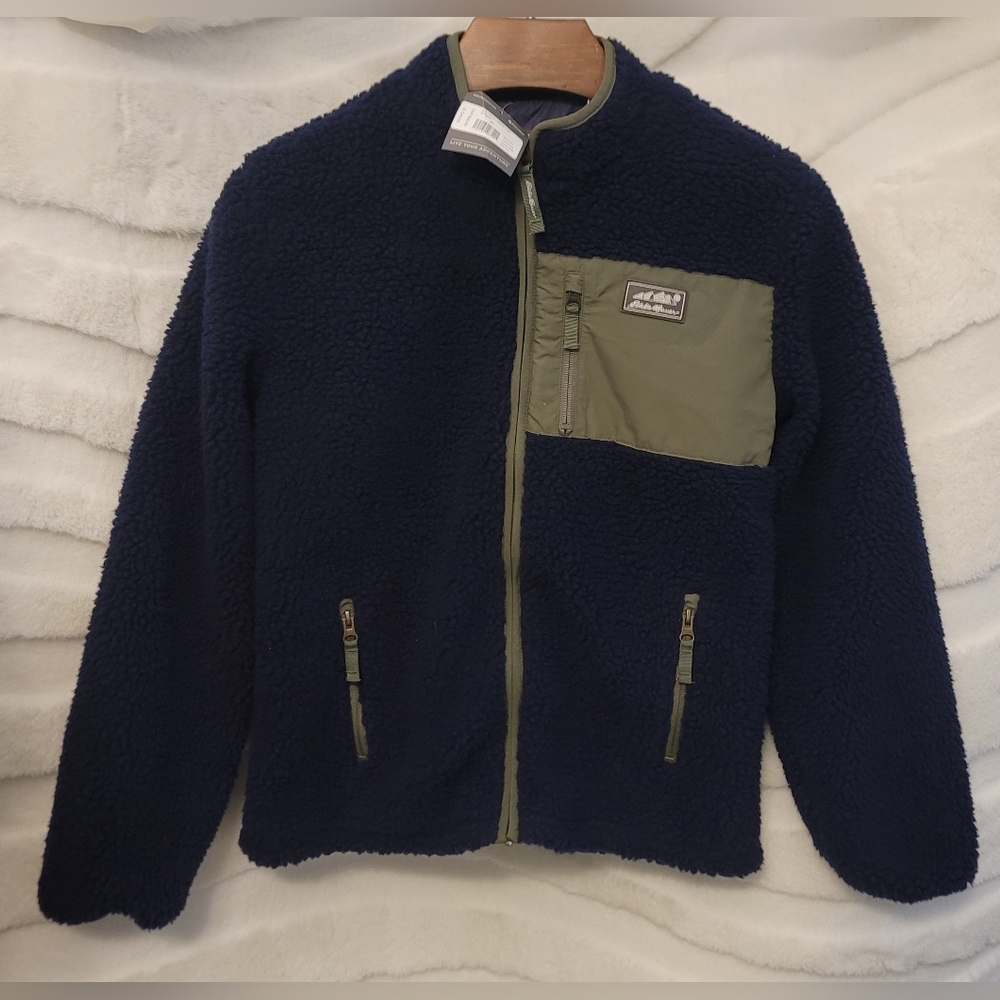 NWT Eddie Bauer Kids Unisex Youth 16 XL Fleece Jacket Sherpa Navy Blue & Green